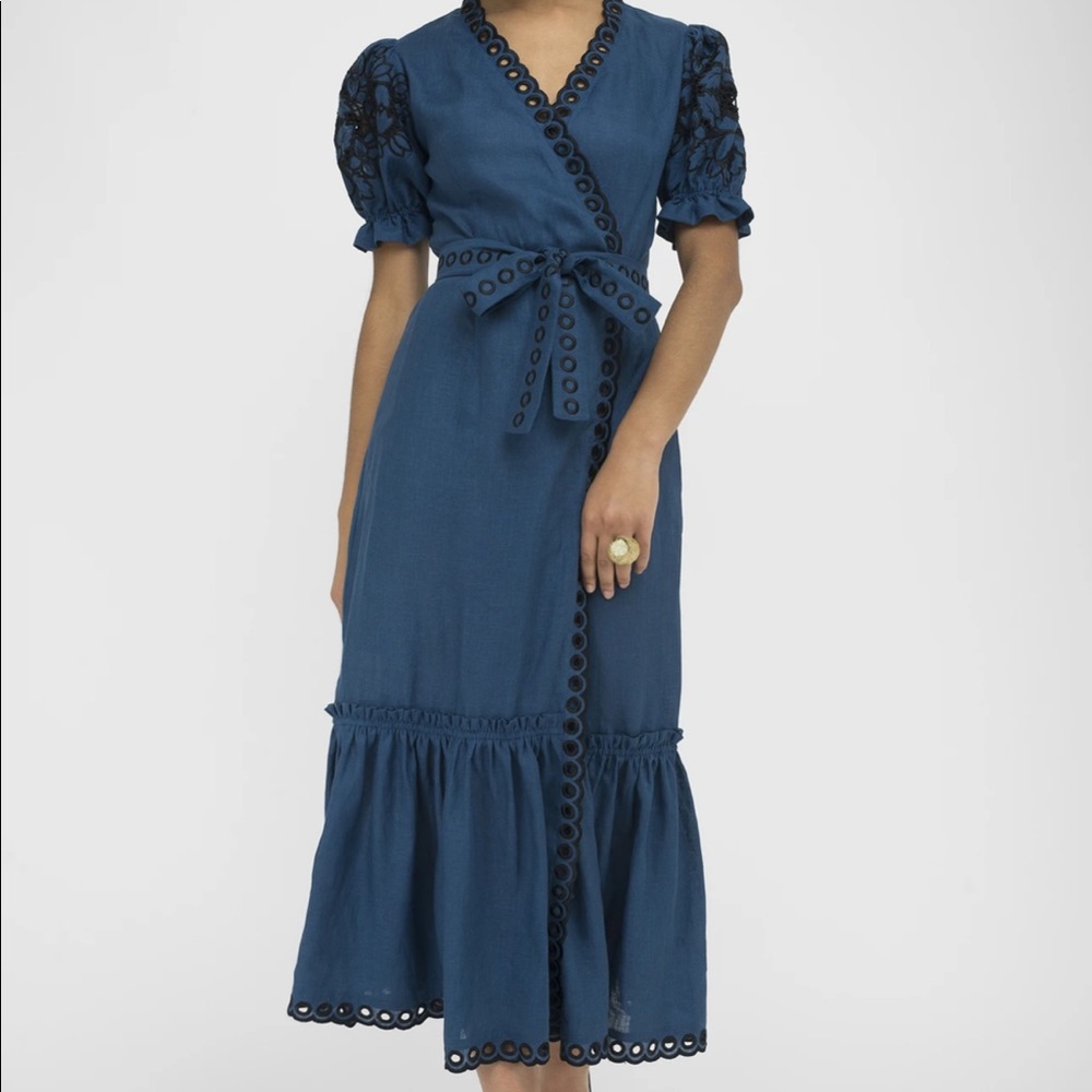 FANM MON CIDE Indigo Blue Linen V Neck Embroidered Midi Dress